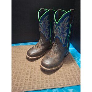 Roper Boys Western Leather Boots Size 9 Blue & Green Embroidered Handmade In Mex